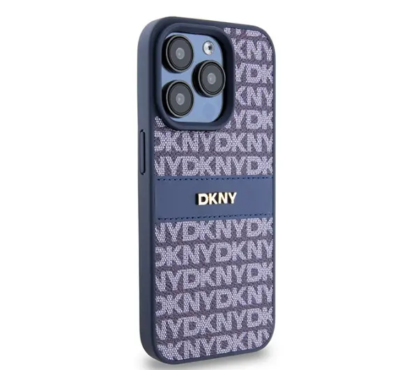 DKNY Hardcase Leather Mono Stripe & Metal Logo iPhone 15 Pro NiebieskI