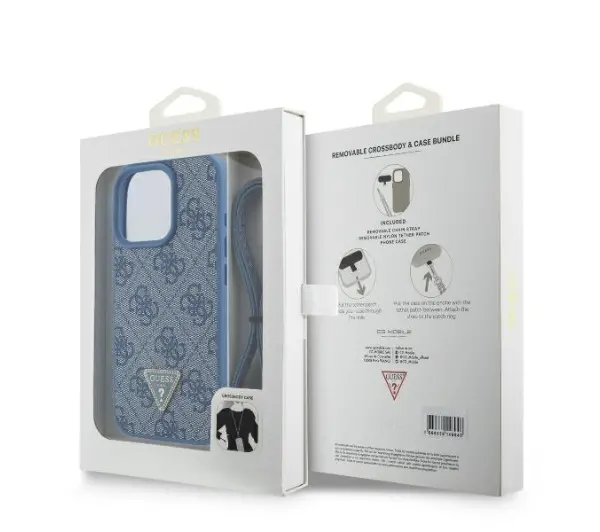 Guess Leather Metal Logo Strass Crossbody do iPhone 16 Pro Max Niebieski