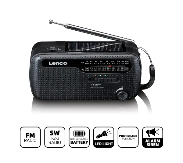Lenco MCR-113BK Radio FM Ładowanie solarne, Ręczna korbą, Latarka i Powerbank Czarny - ⚡ EURO HIT CENOWY! ⚡