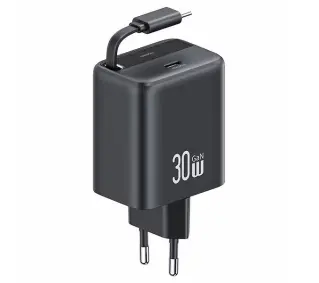 USAMS 1xUSB-C Retractable PD+QC 30W Gan Fast Charging Czarny