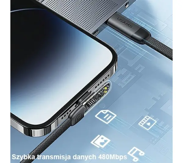 USAMS USB-C do Lightning PD 20W Fast Charging Iceflake Series 1,2m Czarny