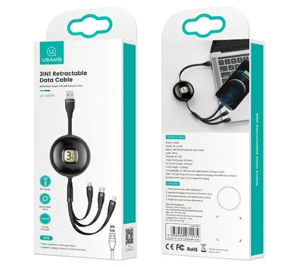 USAMS 3w1 USB do lightning/microUSB/USB-C 1m Czarny