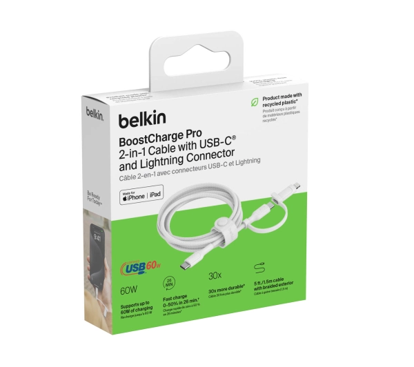 Belkin 2w1 USB-C do Lightning 60W 1,5m Biały