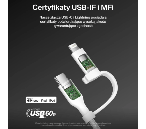 Belkin 2w1 USB-C do Lightning 60W 1,5m Biały