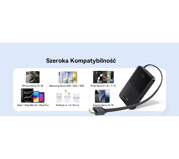 Baseus Bipow 2 Pro 10000mAh 22.5W Cyfrowy wyświetlacz, Wbudowany kabel USB-C Czarny - ⚡ BESTSELLERY ⚡