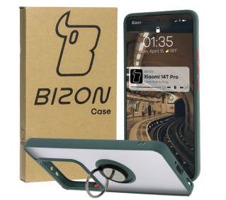 Bizon z uchwytem na palec Hybrid Ring do Xiaomi 14T Pro przydymione z Ciemnozieloną ramką