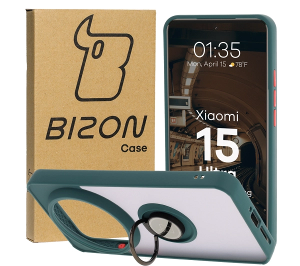 Bizon z uchwytem na palec Hybrid Ring do Xiaomi 15 Ultra przydymione z Ciemnozieloną ramką