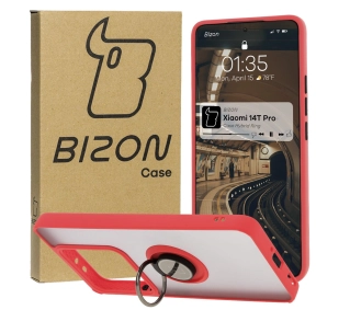 Bizon z uchwytem na palec Hybrid Ring do Xiaomi 14T Pro przydymione z Czerwoną ramką