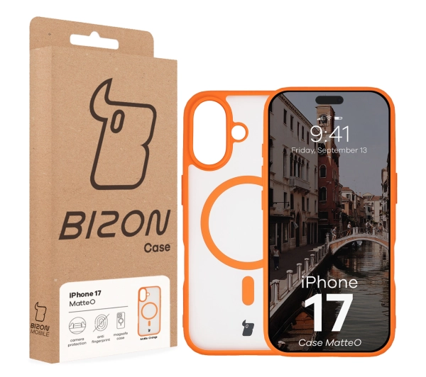Bizon MatteO z MagSafe do MatteO iPhone 17 Orange Półprzezroczyste z pomarańczową ramką