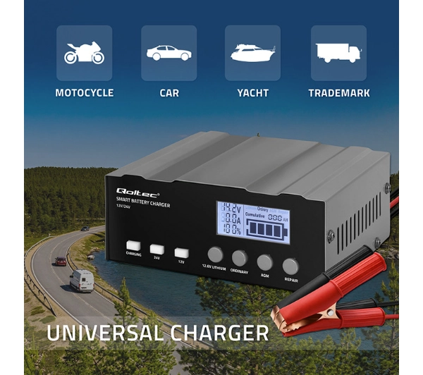 Qoltec 52491 Inteligentna mikroprocesorowa 12V, 12,6 V, 24V Prostownik z funkcją naprawy do AGM GEL