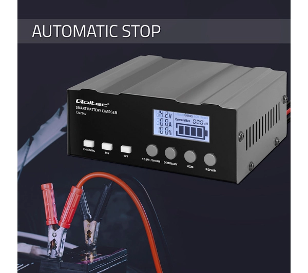 Qoltec 52491 Inteligentna mikroprocesorowa 12V, 12,6 V, 24V Prostownik z funkcją naprawy do AGM GEL