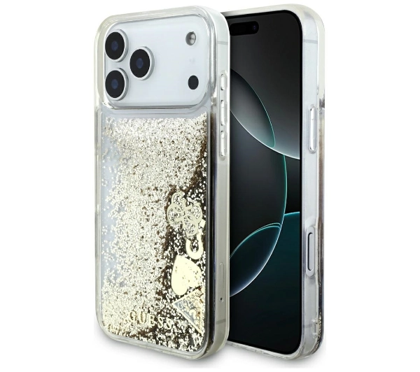 Guess Liq. Glitter 4 Charms do iPhone 17 Pro Max złoty