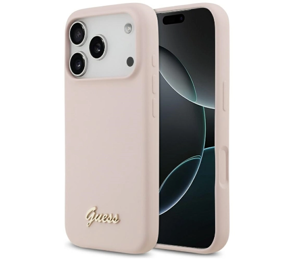 Guess Silicone Script Metal Logo MagSafe do iPhone 17 Pro różowy