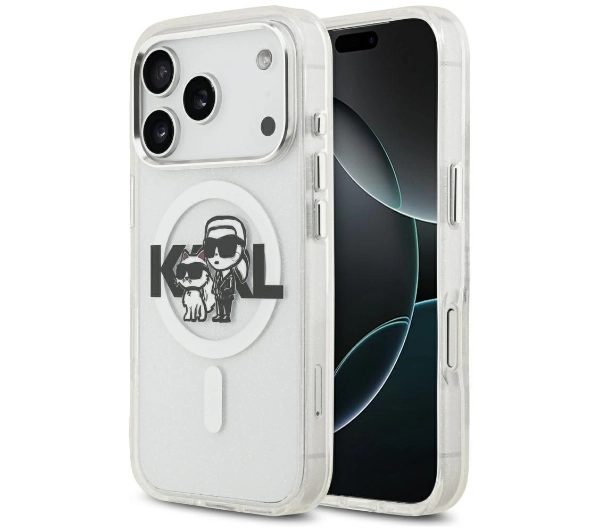 Karl Lagerfeld IML Glitter Karl & Choupette Sketch Logo MagSafe do iPhone 17 Pro Przezroczysty