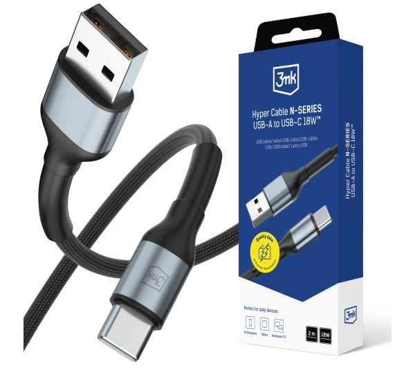 3mk Hyper Cable N-SERIES USB-A do USB-C 2m 9V/2A 18W Czarny