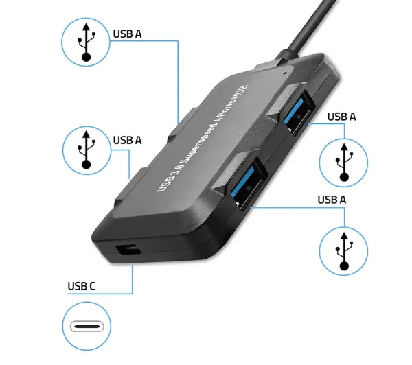 Qoltec 50502 Adapter USB-C 3.1 5w1 4x USB 3.0 micro USB Czarny