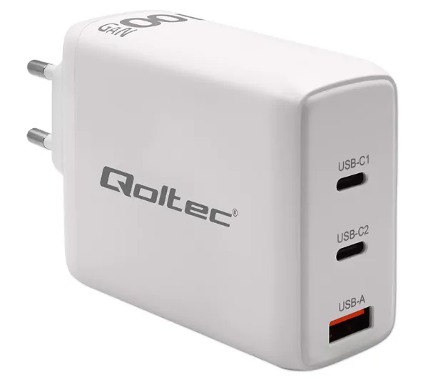 Ładowarka Qoltec Ładowarka sieciowa 100W GaN | 5-20V | 1.5-5A | 2 x USB-C PD | 1 x USB QC 3.0 | Biała