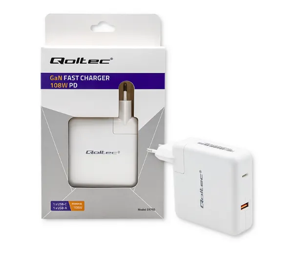 Qoltec 51710 GaN FAST USB-A USB-C 108W Biały