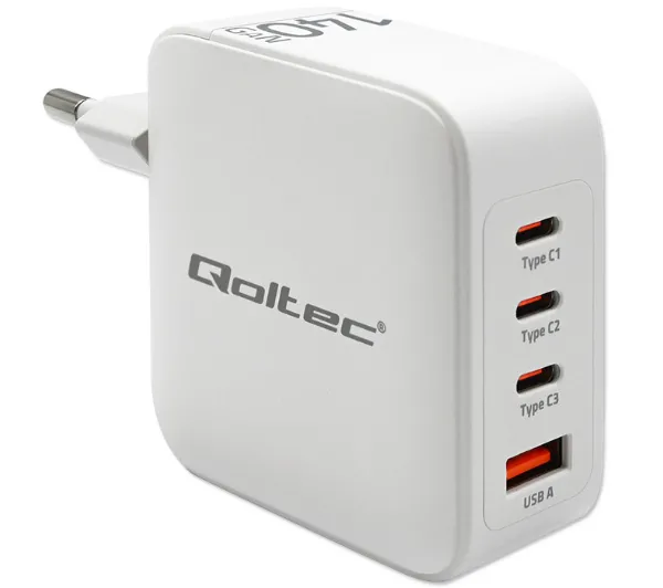 Qoltec 140W GaN| 5-20V | 2.5-5A | 3 x USB-C PD | 1 x USB QC 3.0 | Biała