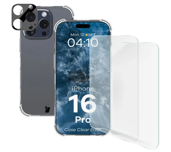 Bizon elastyczne etui + 2x folia + szkło na aparat Clear Pack do iPhone 16 Pro