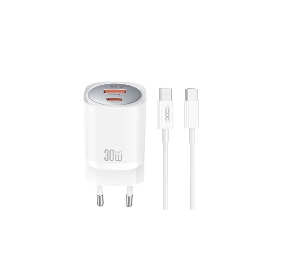 XO CE21 USB-A USB-C 30W Biały + Kabel USB-C do USB-C
