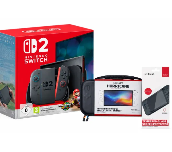 Nintendo Switch 2 Joy-Con Czarny + Mario Kart World + Szkło Trust GXT 1254 + Etui Yaxo Hurricane