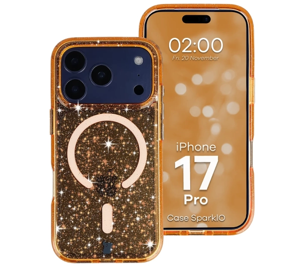 Bizon Case SparklO do iPhone 17 Pro Przezroczysto-Pomarańczowe Z Brokatem