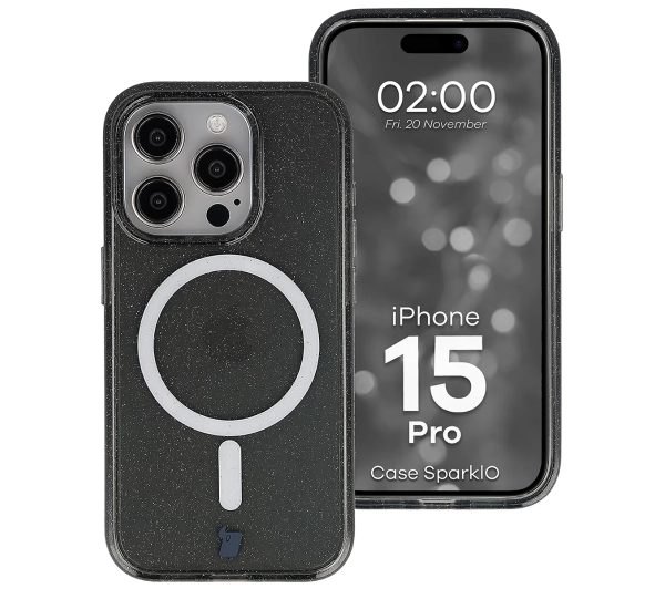 Bizon Case SparklO do iPhone 15 Pro Przezroczysto-Czarne z Brokatem