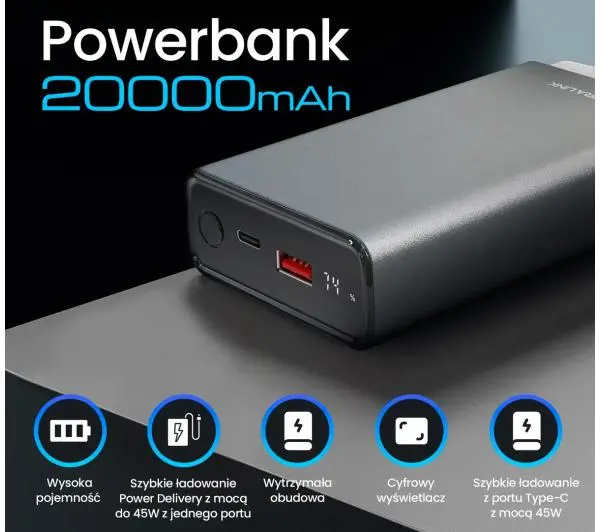 Extralink EPB-126 20000mAh PD 45W Szary