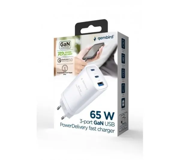 Gembird TA-UC-PDQC65-01-W, 1x USB, 2x USB-C, 65W, GaN, Biały