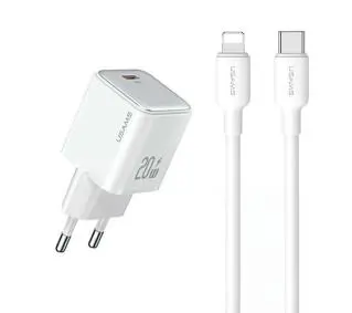 USAMS YXXLOGTC03 1x USB-C PD3.0 Fast Charging + kabel USB-C/Lightning Biały