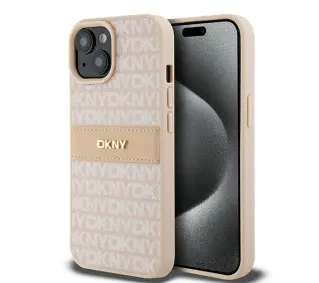 DKNY Hardcase Leather Mono Stripe & Metal Logo do iPhone 15 Plus Różowy