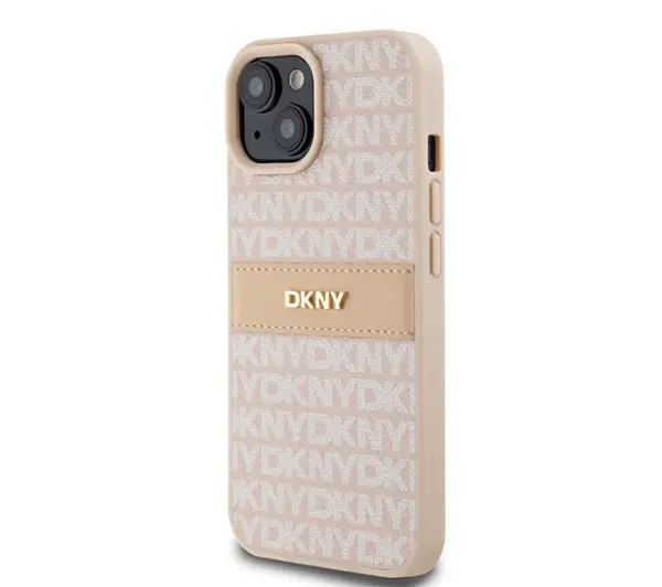 DKNY Hardcase Leather Mono Stripe & Metal Logo do iPhone 15 Plus Różowy