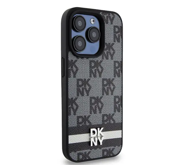 DKNY Leather Checkered Mono Pattern & Printed Stripes do iPhone 15 Pro Max Czarny