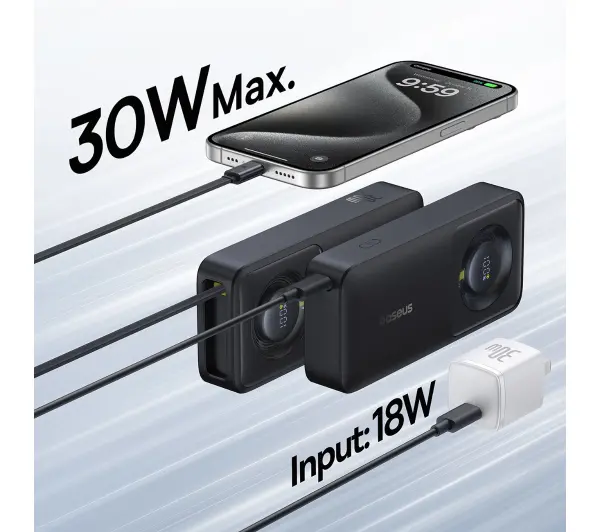 Baseus Free2Pull 10000mAh 30W Wbudowany kabel Czarny