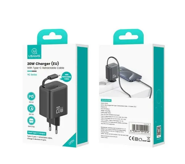 USAMS 1xUSB-C Retractable PD+QC 20W Gan Fast Charging Biały