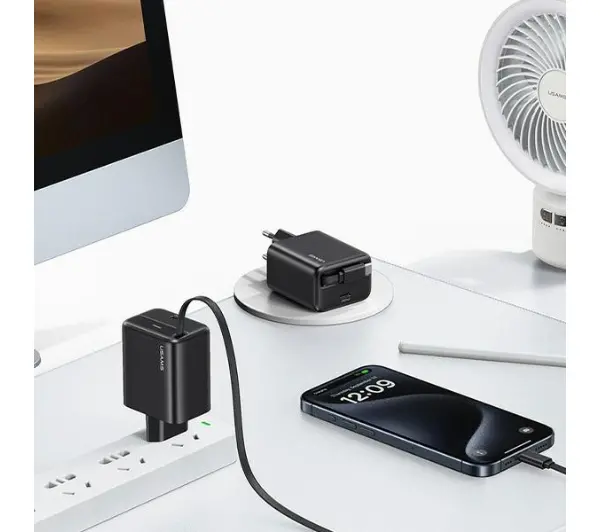 USAMS 1xUSB-C Retractable PD+QC 20W Gan Fast Charging Biały