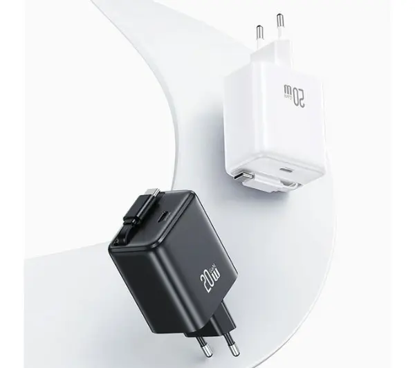 USAMS 1xUSB-C Retractable PD+QC 20W Gan Fast Charging Biały