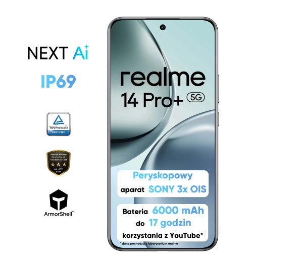 realme 14 Pro+ 5G 12/512GB Funkcje AI 6,83" 120Hz 50Mpix Szary - ⚡ BESTSELLERY ⚡ - Kup na Raty - RRSO 0%