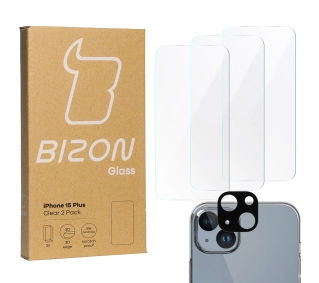 Bizon 3x szkło + szybka na aparat Clear 2 Pack do iPhone 15 Plus