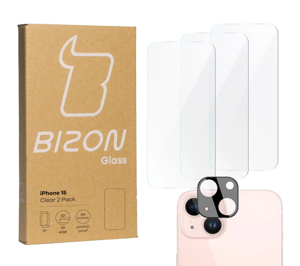 Bizon 3x szkło + szybka na aparat Clear 2 Pack do iPhone 15