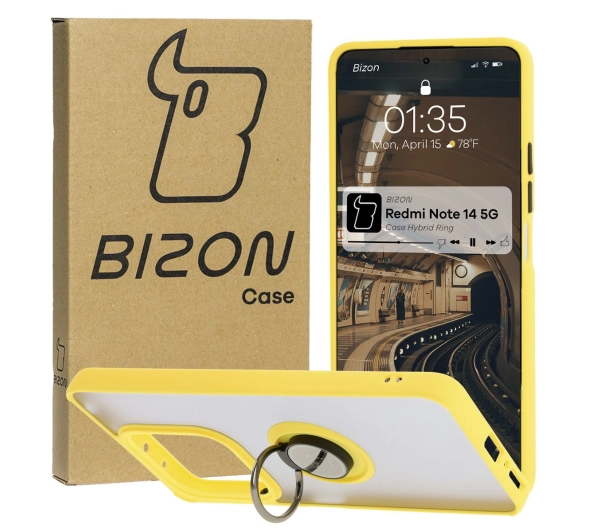 Bizon z uchwytem na palec Hybrid Ring do Xiaomi Redmi Note 14 5G Przydymione z żółtą ramką