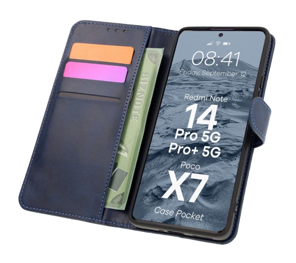 Bizon z klapką Pocket do Xiaomi Redmi Note 14 Pro 5G/Poco X7 Granatowy