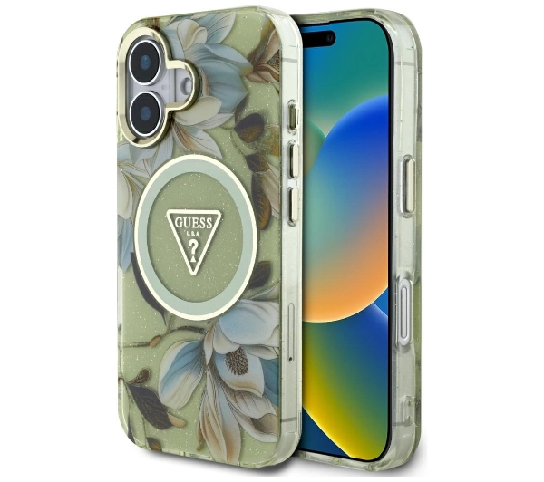 Etui GUESS Glitter Flowers Triangle Buttons MagSafe do Apple iPhone 16 Zielony