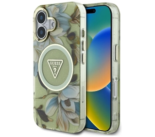 Guess Glitter Flowers Triangle Buttons MagSafe do iPhone 16 Zielony