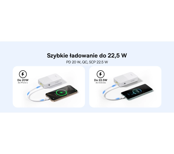 Baseus EnerFill FC51 Bipow2 Pro 20000mAh 22.5W Cyfrowy wyświetlacz, Wbudowany kabel USB-C Biały - ⚡ BESTSELLERY ⚡