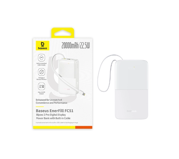 Baseus EnerFill FC51 Bipow2 Pro 20000mAh 22.5W Cyfrowy wyświetlacz, Wbudowany kabel USB-C Biały - ⚡ BESTSELLERY ⚡