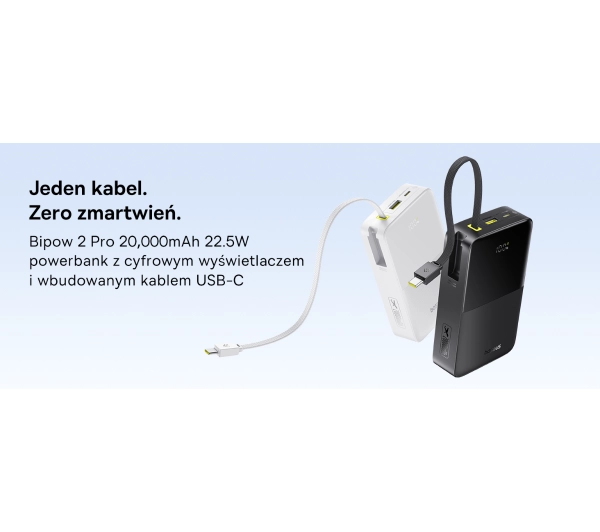 Baseus EnerFill FC51 Bipow2 Pro 20000mAh 22.5W Cyfrowy wyświetlacz, Wbudowany kabel USB-C Biały - ⚡ BESTSELLERY ⚡