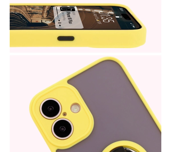 Bizon z uchwytem na palec Hybrid Ring do iPhone 16 Plus przydymione z Żółtą ramką