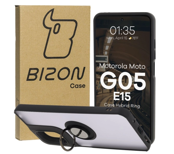 Bizon z uchwytem na palec Hybrid Ring do Motorola Moto G05/E15 przydymione z Czarną ramką